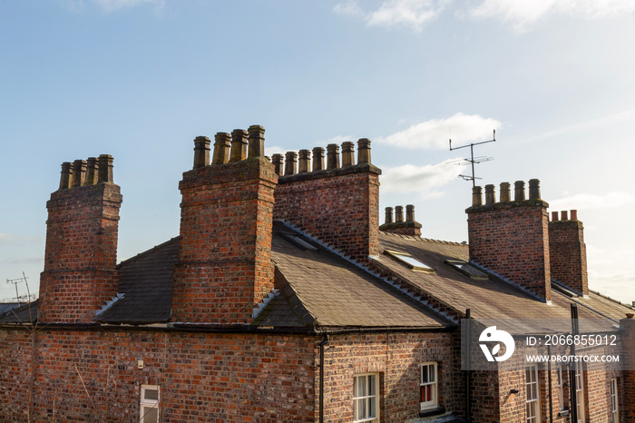 Old roofs and typical chimneys pots in York, Yorkshire, England, UK