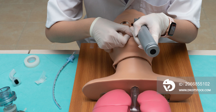 Anesthesiologist performing an orotracheal intubation on a simulation, Medical manipulation. mannequin dummy during medical training to control of the airway.