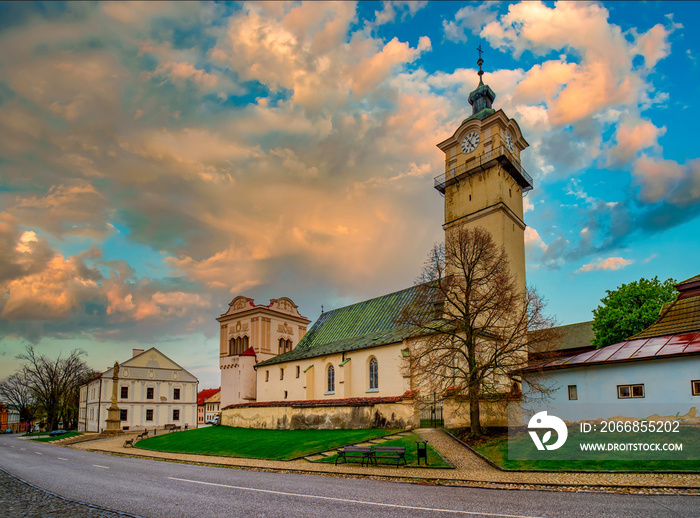 Gothic church and Renaissance bell tower in the main square of Spisska Sobota in Poprad, Slovakia