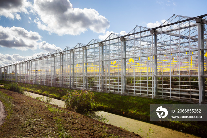 Greenhouse exterior under a sky with nice clouds in Westland in the Netherlands