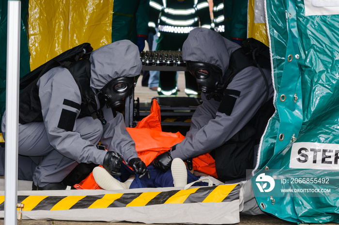 Paramedics demonstrate the decontamination procedure during the launch of Northern Ireland Ambulance Service (NIAS) Hazardous Area Response Team (HART).