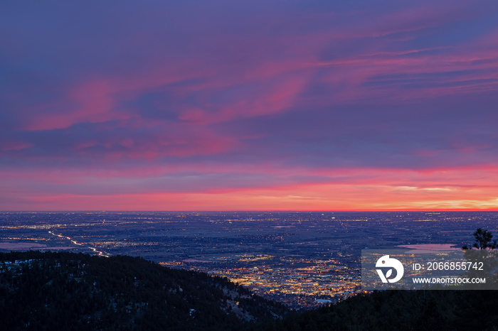 Landscape from Flagstaff Mountain at dawn of the city of Boulder, Colorado, USA