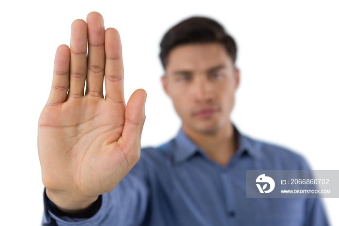 Close up of business man showing shop gesture