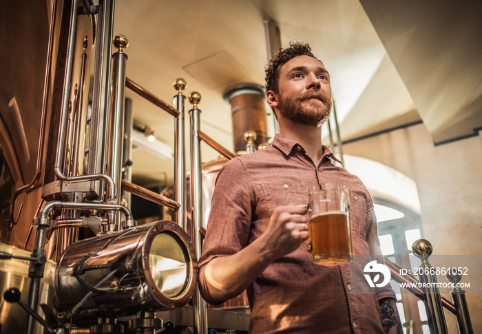 Man tasting fresh beer in a brewery