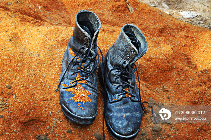 Soldiers boots of the army of Israel in dust on the sand. Concept: Soldiers Tzahal (IDF - Israel Defense Forces),  IsraelI soldiers, Israel Memorial day,  Independence Day