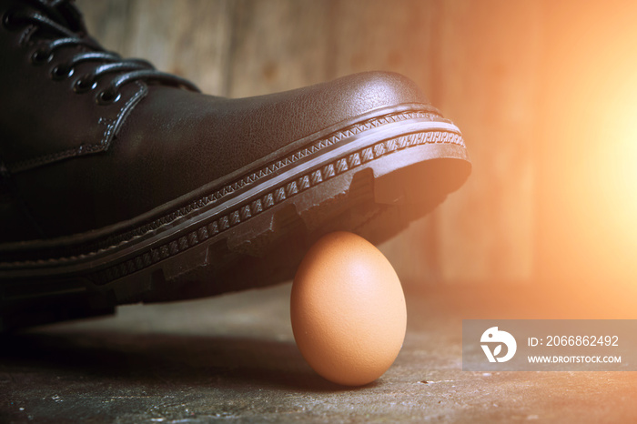 Black boot and a fragile chicken egg with a Sunny glow.