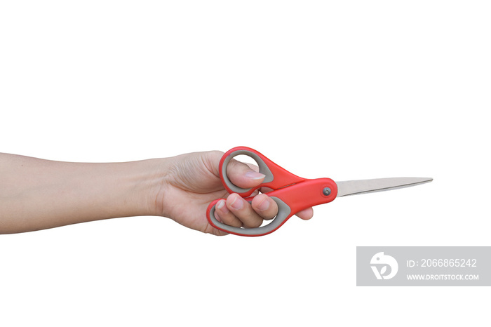 Hand holding scissors isolated on transparent background - PNG format.