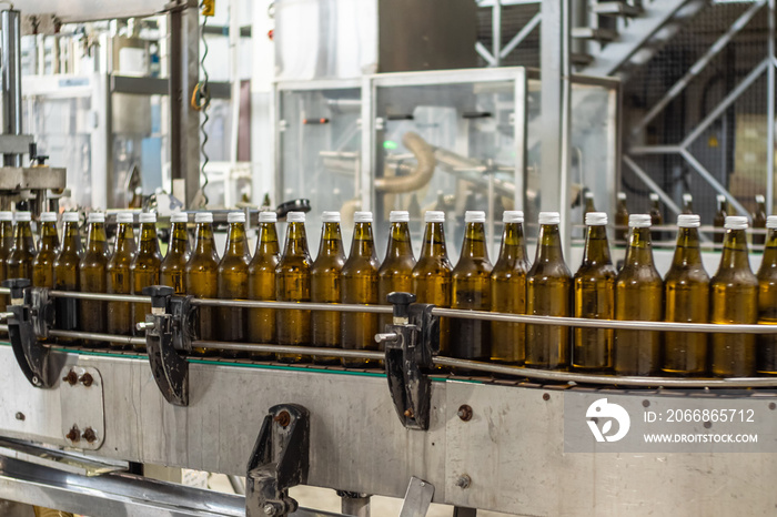 Brown 0.5-liter glass bottles of drinking water are on the conveyor in the production hall