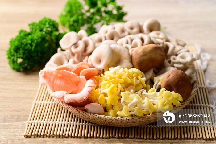 Mixed fresh mushroom in basket, Edible mushroom, Organic food ingredient