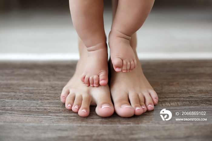 The legs of the baby stand on the feet of the mother, the mother supports the little son.Adorable baby’s and mother’s feet on floor at living room. Legs of mother and baby. First steps. Mom teaches he