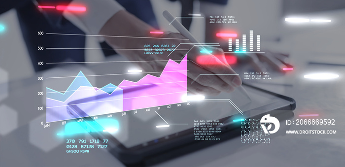 Finance forecast graph chart data, financial planning marketing, business man working on stock exchange crypto blockchain data analytics trading investment. Online meeting webinar business consult