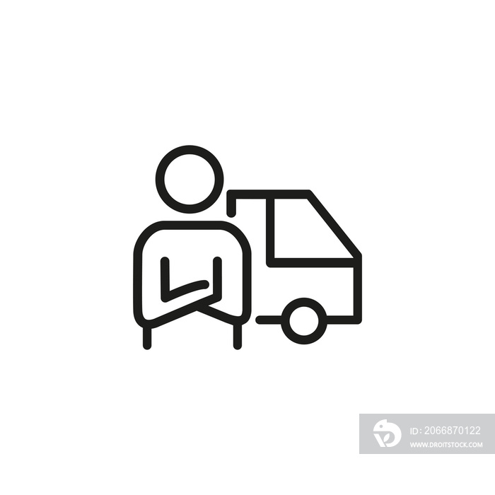 Line icon of man with truck. Carriage, courier, driver. Transportation concept. Can be used for topics like transport, business, service