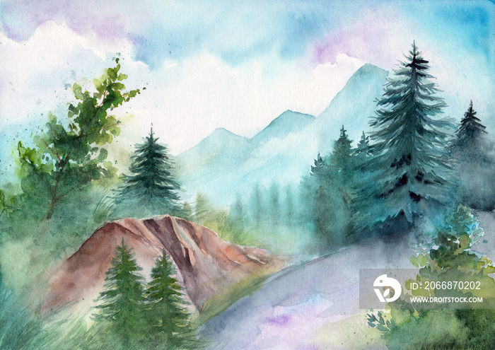 Watercolor illustration of  a landscape with forest road and distant mountains