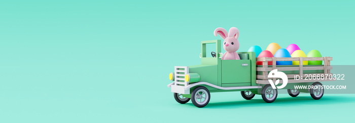 Cute Easter bunny drive car and carry colorful painted eggs. Easter holiday concept on green background 3d render 3d illustration