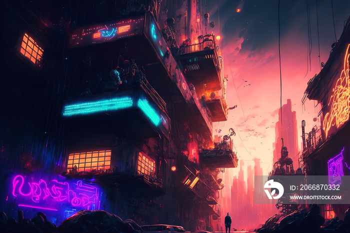 Futuristic neon cyberpunk city with the silhouette of an alien hero. Downtown sci-fi concept at night with skyscraper, highway and billboards. Gen Art