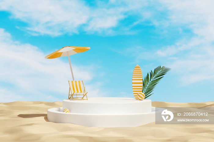 Abstract minimal scene with white round podium placed on beach sand texture, decorated with a chair under an umbrella, surfboard, ball and plant. 3D rendering blue sky background