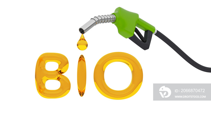 Biofuels. Fuel pump with a drop in the form of the BIO lettering. isolated on white background. 3d render