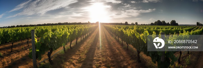 Scenic Vineyard Rows Basking in Warm Sunlight with Blue Sky