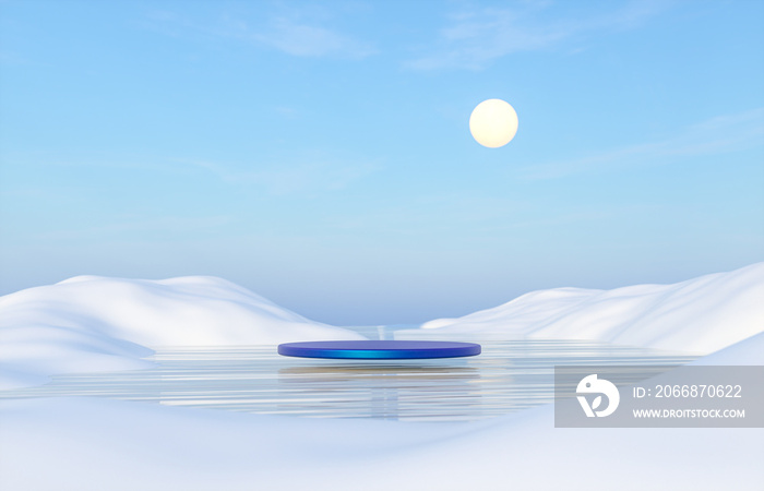 Abstract Winter landscape scene with a podium for product display. 3d rendering.