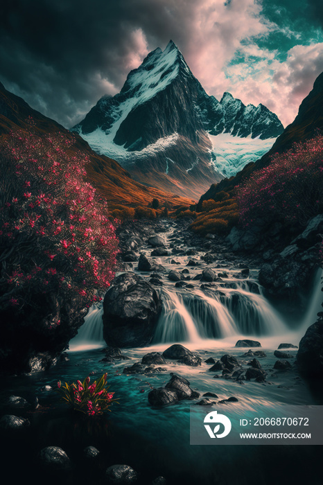 Landscape with waterfall and mountain, dramatic sunset. AI