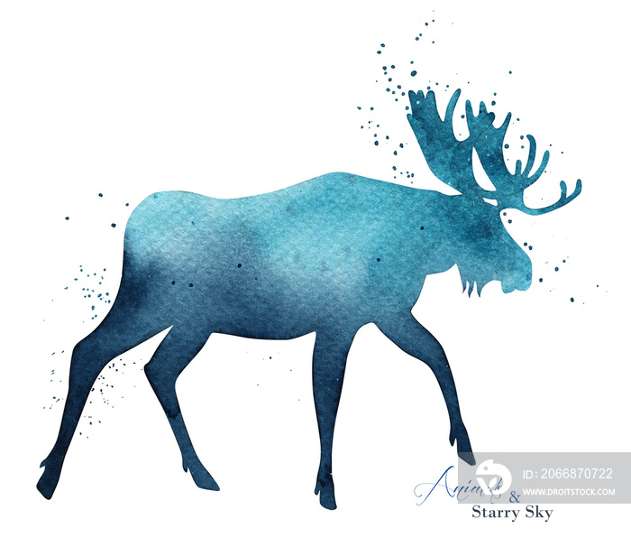 Watercolor elk silhouette. Abstract blue sky silhouette background. Ink splashes