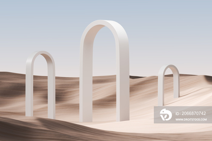 Minimal background with arch on a desert landscape, sand dunes