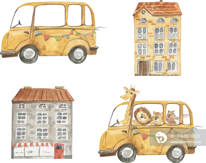 Watercolor illustration of a yellow bus with animals and a house