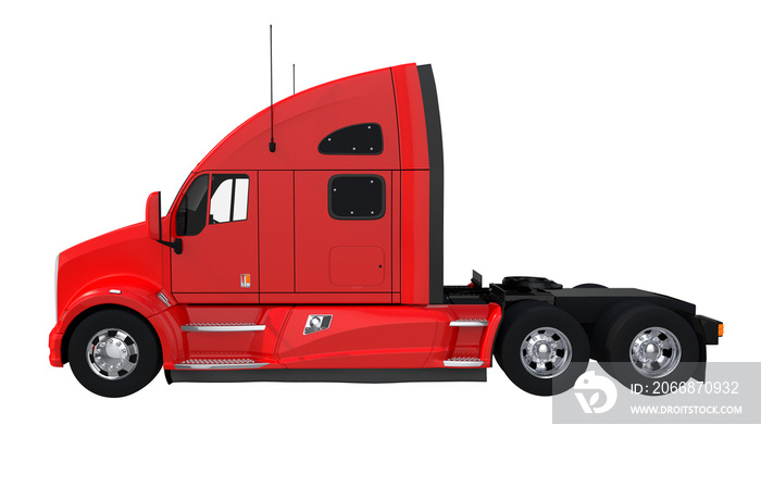 Red Semi Truck Side View PNG Illustration. 3D Render Graphic. Semi Truck Isolated on Transparent Background.