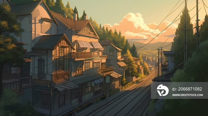 The village in Japan anime illustration is a charming and picturesque community nestled amidst rolling hills and lush forests.