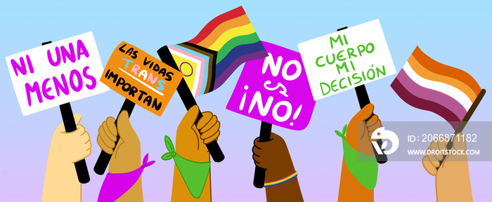 Manos con carteles feministas, carteles sobre el aborto, derechos de personas trans, bandera lésbica y bandera lgtbiq+