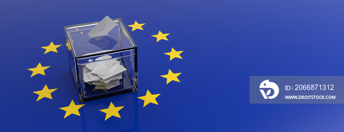 European Union parliament election. Voting box on EU flag background. 3d illustration