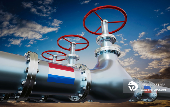 Gas pipeline, flags of Netherlands and Russia - 3D illustration