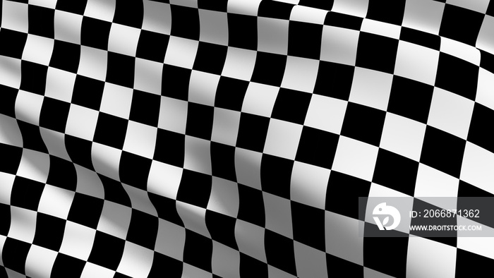 Checkered flag. Black and white square color. 3D rendering illustration of waving sign. illusion pattern background.