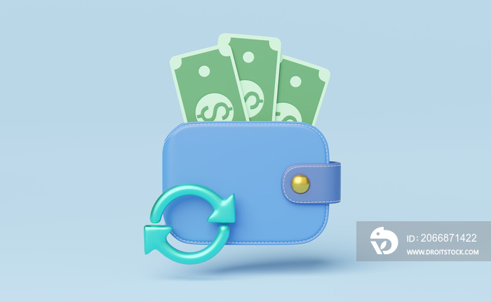 Cash money into wallet, green transfer round arrows icon float on blue background. Mobile banking and Online payment. Cash back and refund. Currency exchange. Saving money wealth concept. 3d rendering