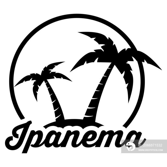 Destino de vacaciones. Logo aislado con texto manuscrito Ipanema con silueta de isla con palmeras en círculo