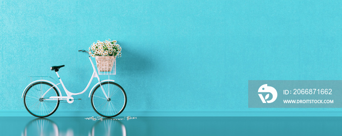 White bicycle with a flower basket. Travel concept on blue background 3D render 3D illustration