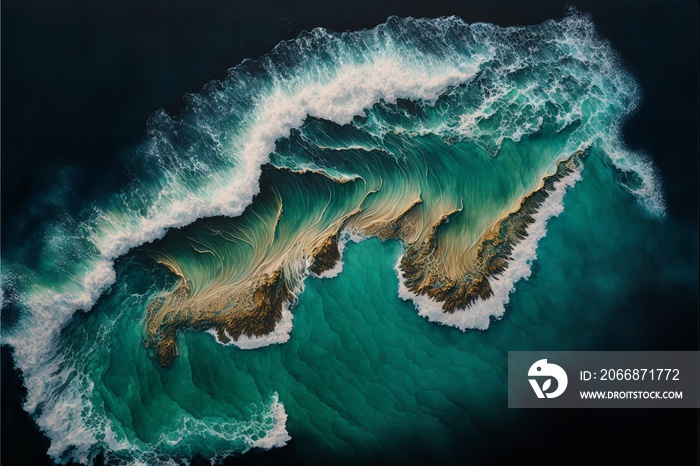 An arial view of a large body of water. Water wave in the ocean.