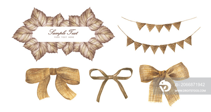 Autumn frame, bunting pastel flags and burlap bow set. Perfect for wedding invitations, greeting cards, blogs, prints and more. watercolor illustration.