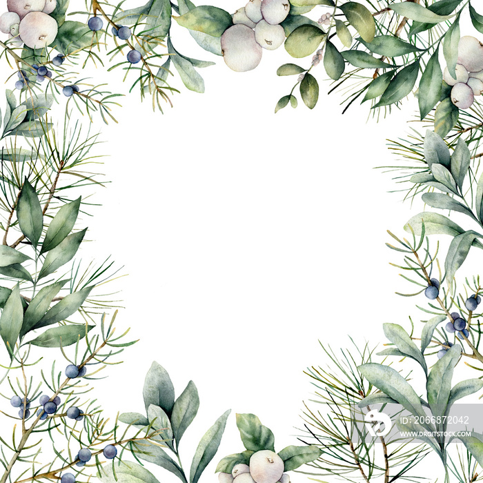 Watercolor winter plants card. Hand painted frame with juniper, snowberry, lambs ears and eucalyptus branch isolated on white background. Floral illustration for design, print, fabric or background.