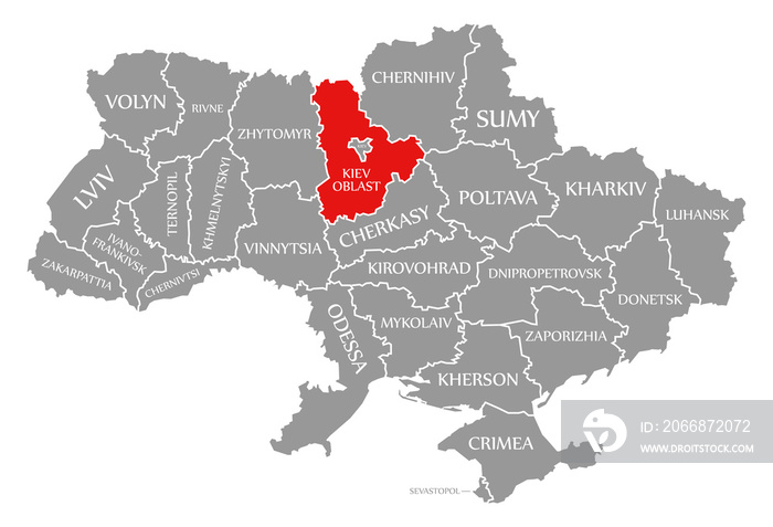 Kiev Oblast red highlighted in map of the Ukraine