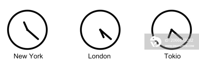 A clock with different time indications is isolated on a transparent background. time zone of New York, London and Tokyo. Horizontal image. 3d image. 3D visualization