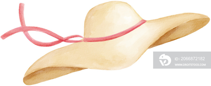 straw hat with pink ribbon watercolor png