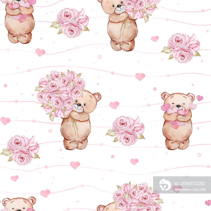 Seamless pattern Valentine’s Day of watercolor teddy bears with a bouquet