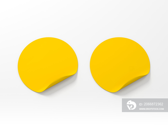 Two yellow round adhesive stickers mockup on gray background