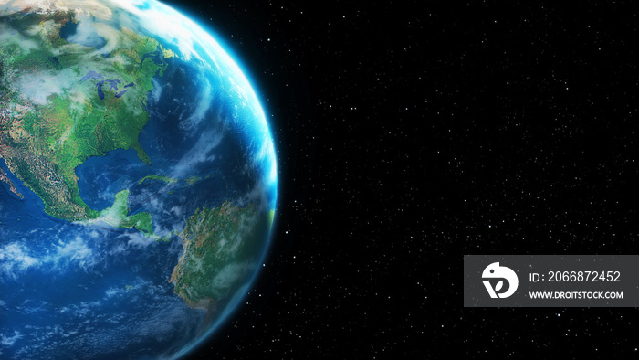 3D visualization close up, of planet earth from outer space. A 3D rendering graphic template, with copy space for text.