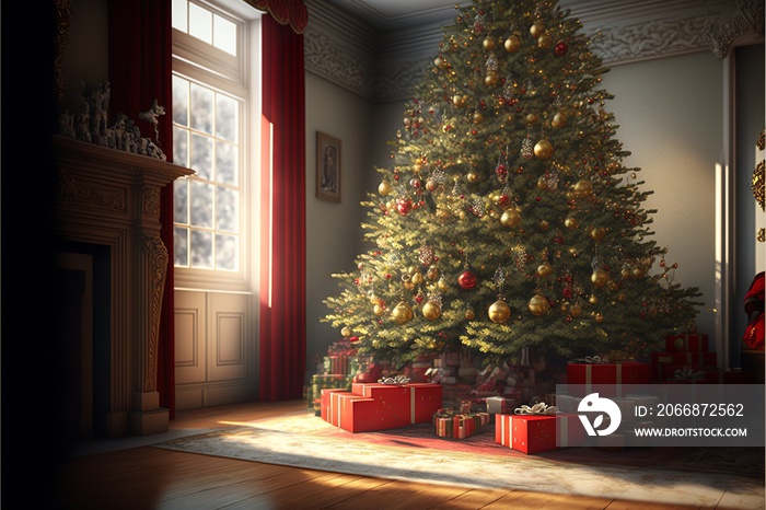 Intimate and calm spacious living room in the morning with sunshine with a giant decorated christmas tree with presents under it, and a fireplace