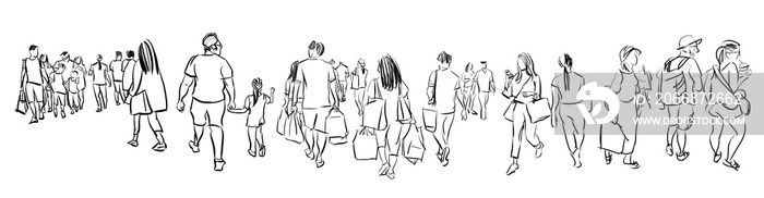 crowd group of people walking freehand ink sketch panorama view isolated on white background