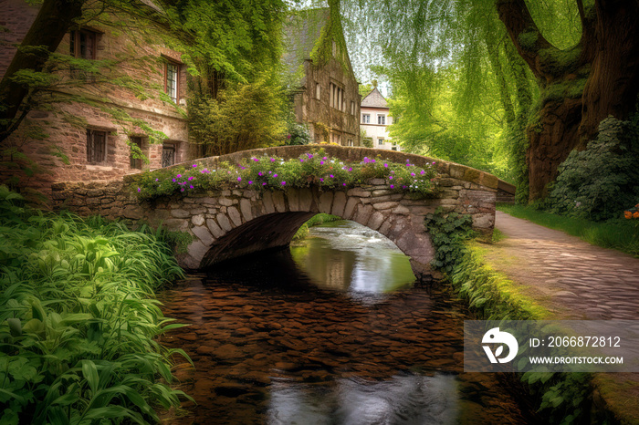 Charming, cobblestone bridge arching over a gently flowing stream, surrounded by lush green foliage and vibrant spring blossoms.