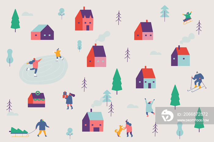 Winter outdoor activities. Flat  illustration.