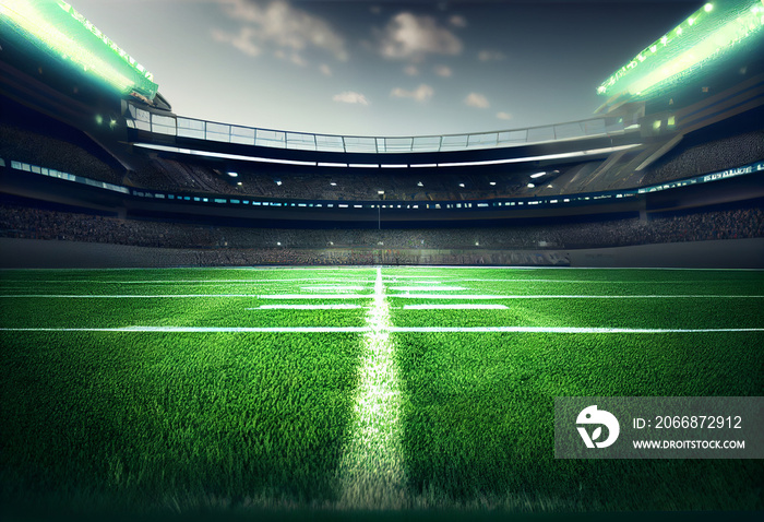 American football field from midline inside large stadium with green grass.